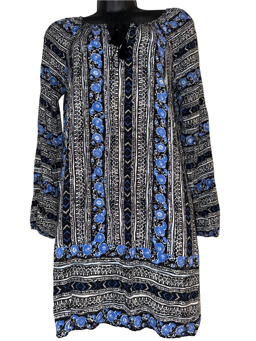 Express Black Tunic Dress with Blue Floral Stripe